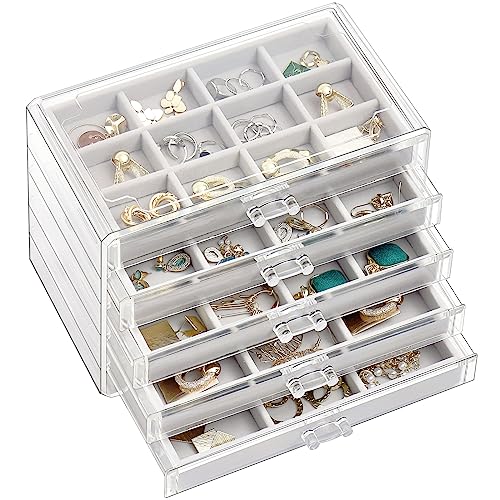 ProCase Earring Holder Organizer Jewelry Box with 5 Drawers, Acrylic Clear Earring Case with Adjustable Velvet Trays for Women - Grey, 5 Layers