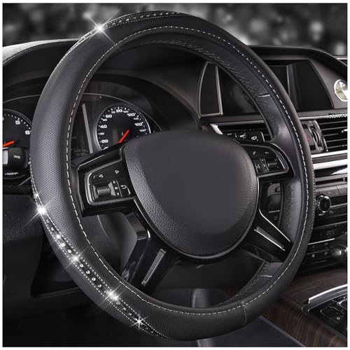 CAR PASS Bling Diamond Black Leather Steering Wheel Cover, Studded Crystal Rhinestones Universal Fit 14" 1/2-15" Glitter for Women Sparkle Girl Fit Suvs,Vans,Sedans,Car,Trucks, Silver Diamond