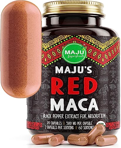 Maju Superfoods Organic Red Maca Root Capsules 120ct - Women Focused Curve Enhancement Nutrition Booster Pills, Gain for Thighs, Powder in Pill Supplement