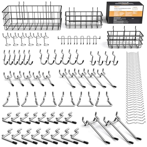 INCLY 1/4“ Extra Thick Pegboard Accessories Kit, 100PCS Heavy Duty Metal Peg Board Hook Assortment with 3 Sizes Basket S/M/L Fit 1/4 Inch Pegboard for Garage Wall Organizer Hanging Tools