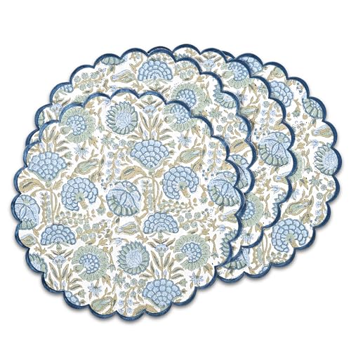 Ridhi Bo-ho Round Place Mat Easter Floral Cotton Washable Placemats 15" Round Embroidery Block Print Table Mat (Pack of 4-15 Inch Round, Asparagus Green)