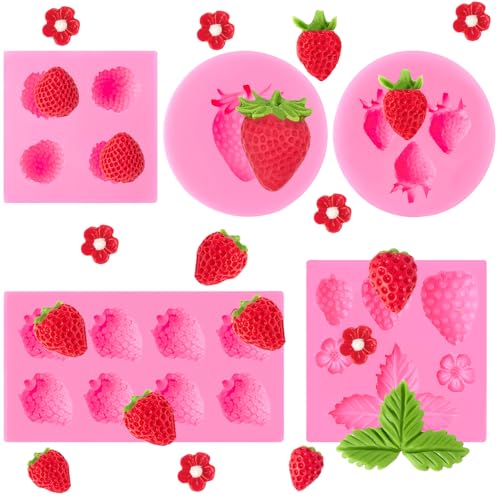 CLUEWR 5 PCS Strawberry Baking Molds, Flowers Silicone Mold 3D Edible Strawberry Fruit Fondant Molds for Chocolate Candy Cupcake Cake Decoration Soap Wax Clay Resin Candle Making