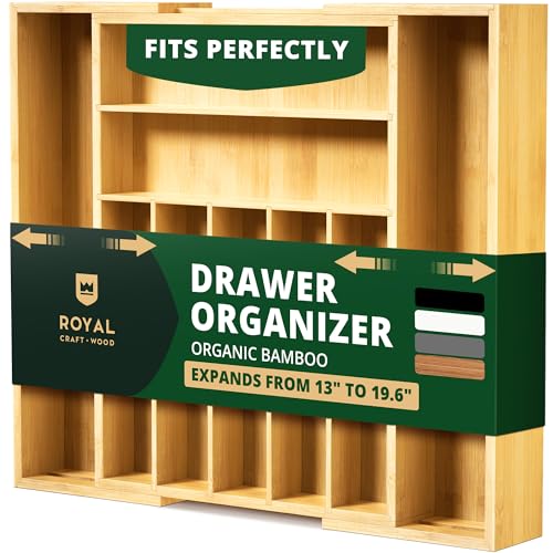 ROYAL CRAFT WOOD Luxury Bamboo Kitchen Drawer Organizer - Silverware Organizer, Utensil Holder & Cutlery Tray Drawer Dividers for Flatware (9 Slot, Natural)