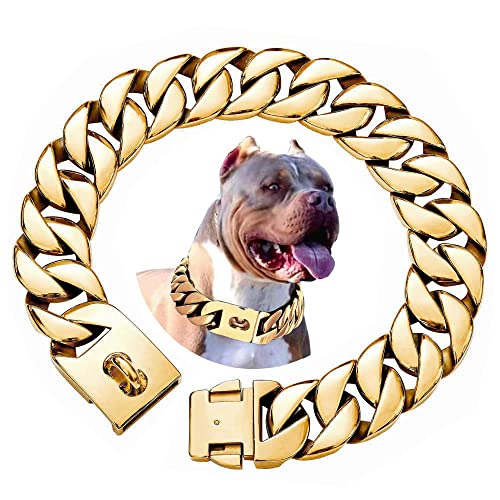 txprodogchains Big Dog Chain Collar with Buckle Strong Heavy Duty 32MM Thick Wide Stainless Steel Metal 18K Gold Cuban Link Chain Collar for Large Dogs