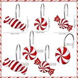 Whaline 12Pcs Christmas Shower Curtain Hooks 3 Styles Christmas Candy Curtain Hangers Hooks Red White Xmas Decorative Curtain Rings for Bathroom Holiday Ornament Supplies