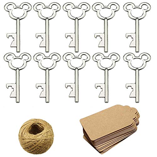 XONOR 50Pcs Vintage Skeleton Key Bottle Openers with 50pcs Escort Card Tag and Twine for Wedding Party Favors Rustic Decoration (Silver)