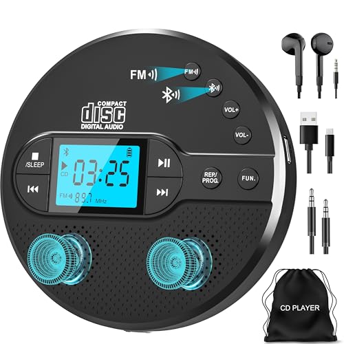 Sunoony Portable CD Player with Bluetooth, Disman CD Player for Car with FM Transmitter, Rechargeable CD Player Portable with Anti-Skip Protection, Headphones, AUX/USB Supported, LCD Display(Black)