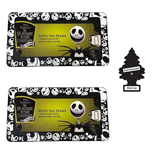 Nightmare Before Christmas Jack Skellington License Plate Frame 2-Pack Bundle | Durable Plastic Design for Cars & Trucks | Includes Free Air Freshener | Fits Standard Plates Idea