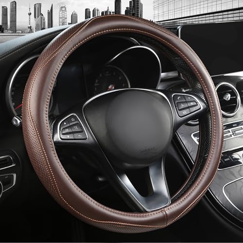 PJBTYZ High-Grade Brown Genuine Leather Steering Wheel Cover for Men Women，Real Cowhide Leather Steering Wheel Cover for Cars,Universal 14.5-15 inch Steering Wheels