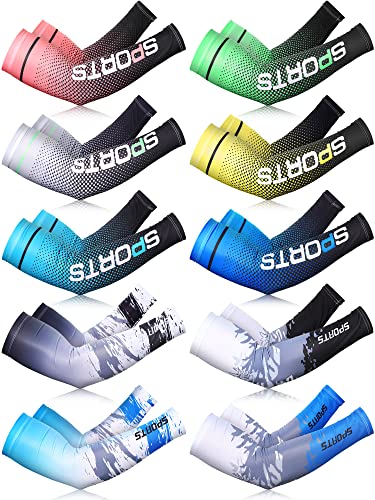 Tisancy 10 Pairs Sun Protection UV Arm Sleeves Cooling Anti Slip Compression Sleeves Sports Polyester Cycling Covers(Classic Style,Large)