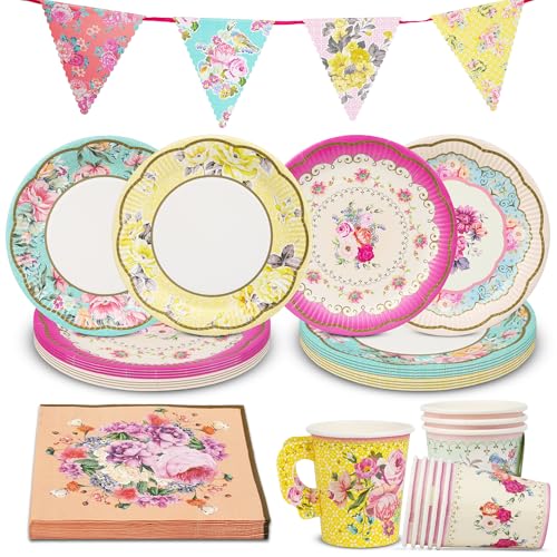 Floral Afternoon Tea Party Decorations for 16 Guests Disposable Tableware Set Pretty Paper Plates Napkins, Teacups, Bunting Tablecloth for Birthday, Mother's Day, Baby Shower, Made by Talking Tables