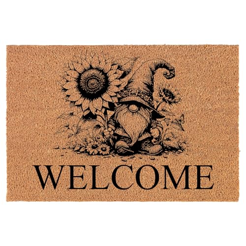 Welcome Doormat Coco Coir Door Mat Gift Welcome Gnome with Sunflower (30" x 18")