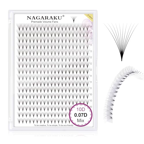 NAGARAKU Premade Fans Eyelash Extensions Thin Pointy Base 10D Volume Sharp Narrow Stem 0.07mm D curl 9-14mm Mix Clusters Russian Pre Fanned Fluffy Matte Black