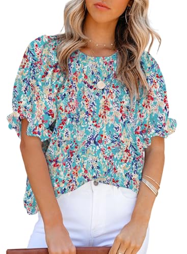 Dokotoo Cute Summer Tops for Women Floral Print Round Neck Smocked Ruffle Short Puff Sleeve Blouses Stylish Shirts Babydoll Chiffon Clothing Resort Wear for Women Resort Wear Sky Blue XL