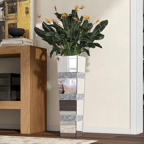 SHYFOY Large Mirrored Tall Floor Vase 28" Crushed Diamond Floor Vase, Silver Decorative Tall Vases for Luxury Home Decor Living Room Office Bedroom Kitchen Wedding Centerpieces