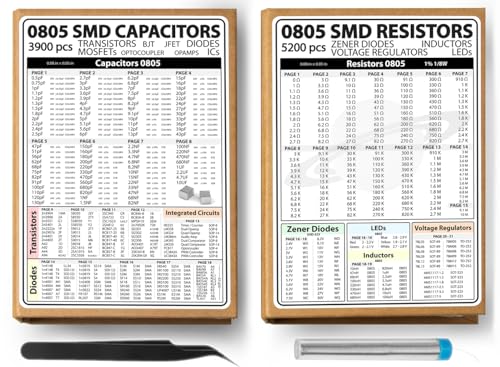 SMD 0805 Resistors and Capacitors Assortment 2 Books, incl. Transistors, Diodes, MOSFET, OpAmps, Inductors, IC, Zener, BJT, JFET, Voltage Regulators, SOT89, SMA, TO-252, Tweezers, Kit SMT - 9100 pcs