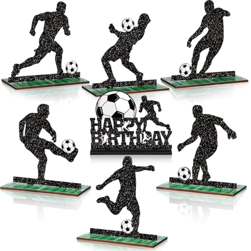 Geetery 7 Pcs Soccer Table Top Decorations Centerpieces Soccer Ball Happy Birthday Wooden Signs Player Silhouette Detachable Gifts for Football Fans Club Sports Theme Party Supplies