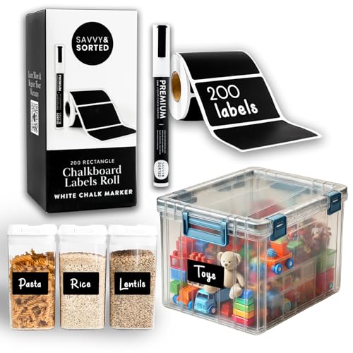 200 Chalkboard Labels for Storage Bins, Removable Black Stickers with Chalk Marker, Pantry Containers and Storage Bin Organization