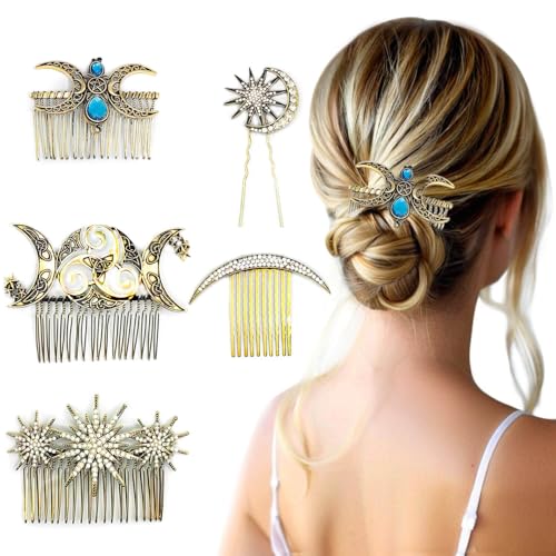 5 pieces Vintage gold Hair Side Combs for Women Decorative,The moon, the crescent, the stars Metal Hair Comb Tooth Clip with Teeth Grip Crystal Bridal Hair Piece Pins for Wedding Accessories