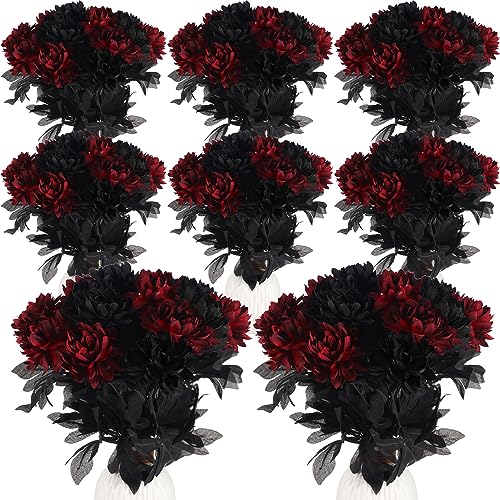 Tigeen Halloween Burgundy Dahlia Artificial Flowers with Stems Faux Silk Dahlia Bouquet Fake Burgundy Flowers Artificial for Wedding Baby Shower Party Home DIY Craft Arrangement, Black, Red (60)