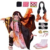Nhorrobat Full Set Anime Halloween Costume For Womens Nezukko Party Role Cosplay Cloak Kimono Outfit W/Slippers Wig