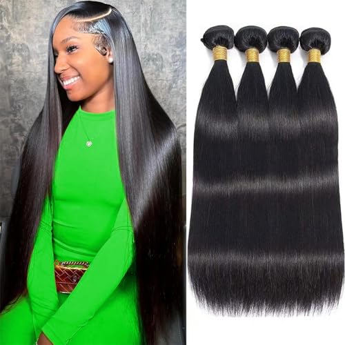 12A 20 22 24 26 Inch Raw Straight Human Hair Bundles 100% Unprocessed Brazilian Remy Virgin Hair Extensions Quick Weave Sew In Glossy Billion 4 Hair Bundles Human Hair for Women Natural Black
