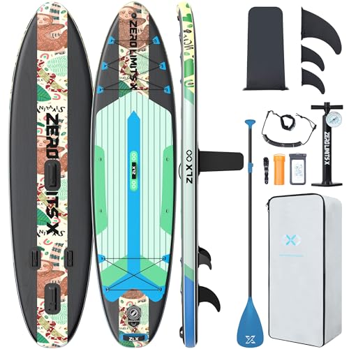 ZLX 10'6" Inflatable Stand Up Paddle Board, Extra Wide Stable Non-Slip Deck Pad, Unique Center Fin, Portable Paddleboard for Adults, Premium Blow Up Paddle Boards SUP for Beginners, All Skill Levels