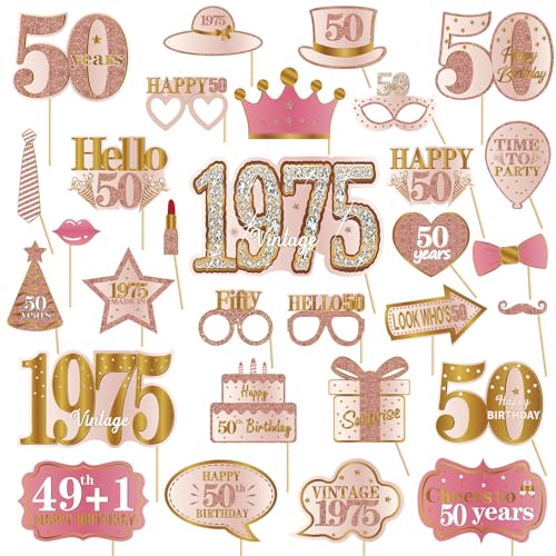 Kuxriox 30Pcs 50th Birthday Photo Booth Props for Women, Pink Rose Gold Vintage 1975 50 Birthday Selfie Props Kit with Sticks Party Supplies Favors, Happy Fifty Bday Photo Props Decor