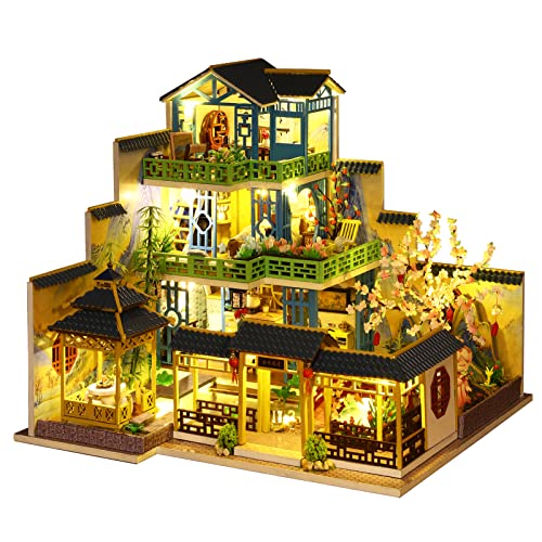 Spilay Dollhouse DIY Miniature Wooden Furniture Kit,Mini Handmade Big Castle Model with LED & Music Box,1:24 Scale Creative Doll House Toys for Adult Gift