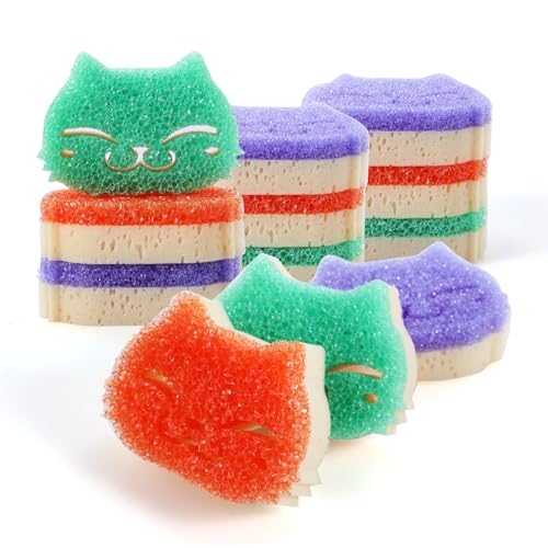 CLEANHOME 12 Pcs Scrubber Sponge Cat Smiley Shape Cleaning Sponge Double Sided Dish Sponge Multi-Purpose Sponges for Cleaning Dishes, Furniture, Kitchen, Bathroom