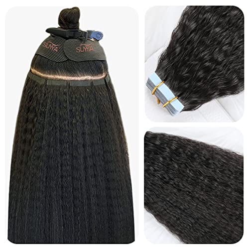 SUYYA Kinky Straight Natural Black Tape in Real Human Hair 16 Inch Skin Weft 40g/Pack 20PCS Tape in Extensions for Women (#1B Natural Black)