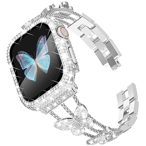 WINGLE Bling Band and Case for Apple Watch Band 44mm Women Series 6 5 4 SE, Butterfly Diamond Metal Band Rhinestone Crystal Bracelet Dressy Chain with Sparkle Screen Protector Case, 44 mm Silver