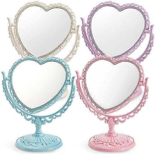 DEAYOU 4 Pack Heart Shaped Cosmetic Mirror, Vintage Vanity Tabletop Mirror with Double Sided, Rotatable Dresser Mirrors with Stand for Makeup, Girl, Women, Beauty, Spa Party, 4 Color