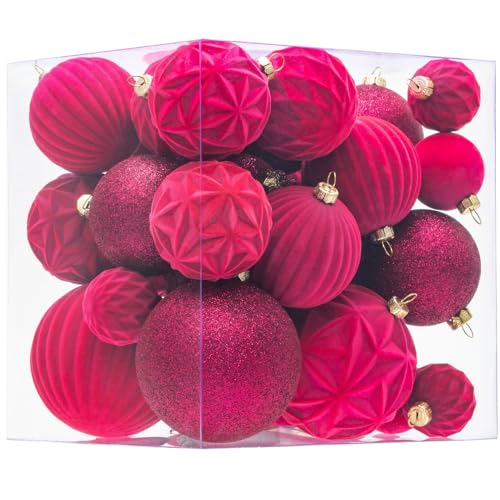 Velvet Christmas Ball Ornaments Fuchsia Pink Christmas Tree Decorations 36pcs Shatterproof Xmas Ornaments Set with 5 Styles in 3 Sizes(Small Medium Large)