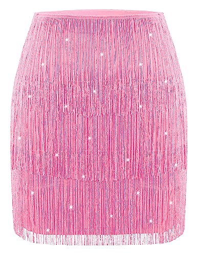 MANER Women’s Fringe Skirt Stretchy Sparkly Bodycon Tassel Trim Mini Skirt (Large, Sparkly Pink)