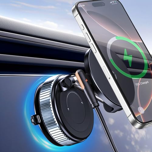 Jkoailiwi for Magsafe Car Mount Charger, 15W Wireless Car Charger Suction Cup Phone Mount, 360° Adjustable Vacuum Magnetic Phone Holder, Dashboard Car Mount for iPhone 16e Pro Max 15 14 13