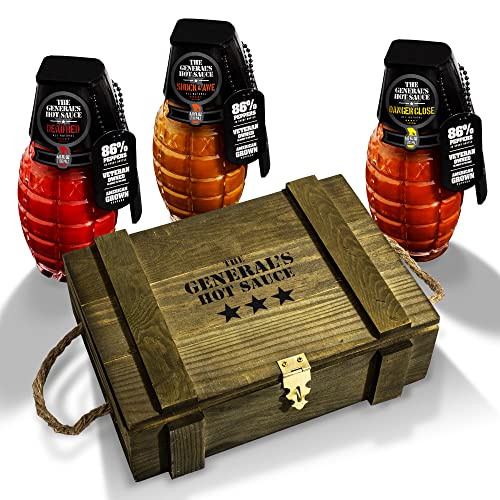The General's Hot Sauce 3-Star Ammo Crate – 3-Pack Gift Set (Dead Red, Danger Close, Shock & Awe) – American-Grown Peppers, Glass Grenade Bottles in Military-Inspired Gift Box – Veteran-Owned
