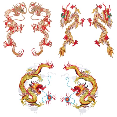 BEUNITONE 3 Pairs Chinese Gold Dragon Iron/Sew on Patches for Men Women Vintage kung fu Dragon Patches Embroidery Appliques for Clothing Bags Jackets Jeans DIY Accessory Craft Clothes Decoration