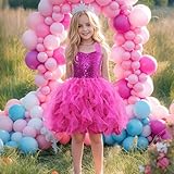 Hot Pink Tutu Dress for Girls Sparkly Sequin Tulle Princess Birthday Party Dresses for Little Girls Kids Fairy Sneaker Ball Gown Prom Dance Graduation Outfit 5-6T