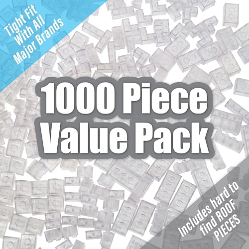 SCS Direct Building Block Bricks - 1000 Pc Bulk Set of Unique Clear Color with 54 Roof Pieces - Great for Activity Tables, Creativity & School Projects