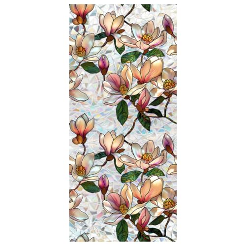 Retro Magnolia Flowers Window Privacy Film,Stained Glass Decals Colorful Floral Privacy Rainbow Decals Living Room Sun Blocking Decor Removable Static Cling Stickers,16.93x39.37inch