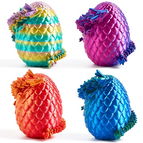 JOYIN 4Pcs 3D Printed Dragon Eggs with Laser Color Dragon, Articulated Toys, Easter Fidget Toy Basket Stuffers for Kids Party Favors, Easter Egg Hunt, Classroom Prize Supplies