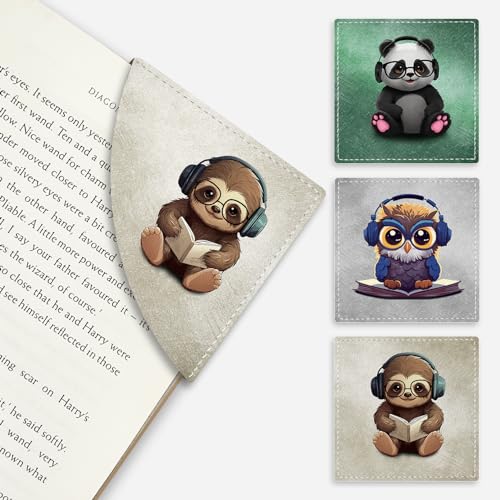 Icycay Cute Sloth Owls Panda Corner Bookmarks, Funny Leather Book Accessories for Book Lovers, 3 Pcs Reading Book Page Markers for Women Men Student Teacher Girls Boys Kids Retirement Birthday Gifts