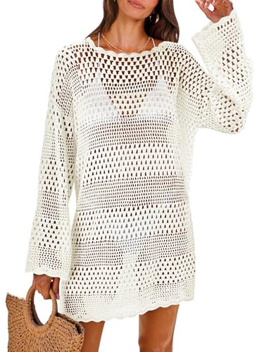 ANRABESS Women Swimsuit Crochet Swim Cover Up 2025 Summer Bathing Suit Swimwear Mesh Knit Beach Dress Vacation Outfits Cream White Small