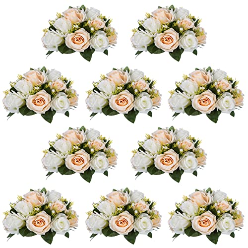 Pcs of 10 Fake Flower Ball Arrangement Bouquet,15 Heads Plastic Roses with Base, Suitable for Our Store's Wedding Centerpiece Flower Rack for Parties Valentine's Day Home Décor (Champagne & White)