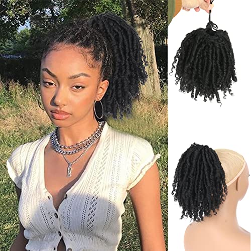 Matthia Faux Loc Ponytail Extensions for Black Women Short Cute Dreadlocks Ponytail, Synthetic Black Ponytail Clip in Dreadlocks Extensions Twist Crochet Braid Hair Drawstring Ponytail for Black Women