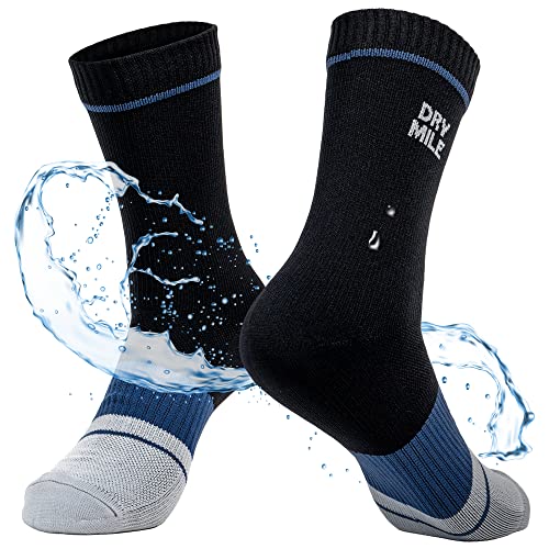 DRYMILE Slim Waterproof Socks, Thin Moisture Wicking Winter Waterproof Socks for Men & Women, Golf, Cycling - Crew (XL, Black and Blue)