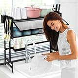 LIIAMOAR Over Sink Dish Drying Rack, Above Sink Drainage Rack for Kitchen Storage of Dishes and Cutlery, Space Saving Dish Rack with Cover, (Black, 33.5 inch)