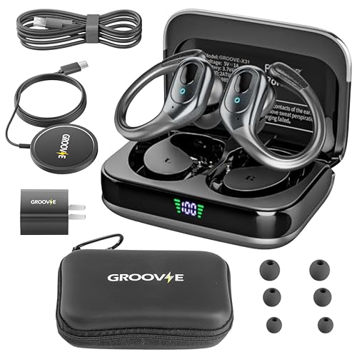 Groove Electronics 4-in-1 Wireless Earbuds with Charging Case - 80 Hours Playtime Wireless Headphones Bluetooth 5.3 - IPX7 Waterproof Noise Cancelling Earphones with LED Light Display | Charging Pad