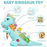 Baby Dino Musical Stuffed Animal Toys for 0-3-6-9-12 Months，Infant Dinosaur Tummy Time Toys with Crinkle Sound Paper,Teether，Textures & Rattles for Newborn Boys Girls Birthday Gifts，Blue